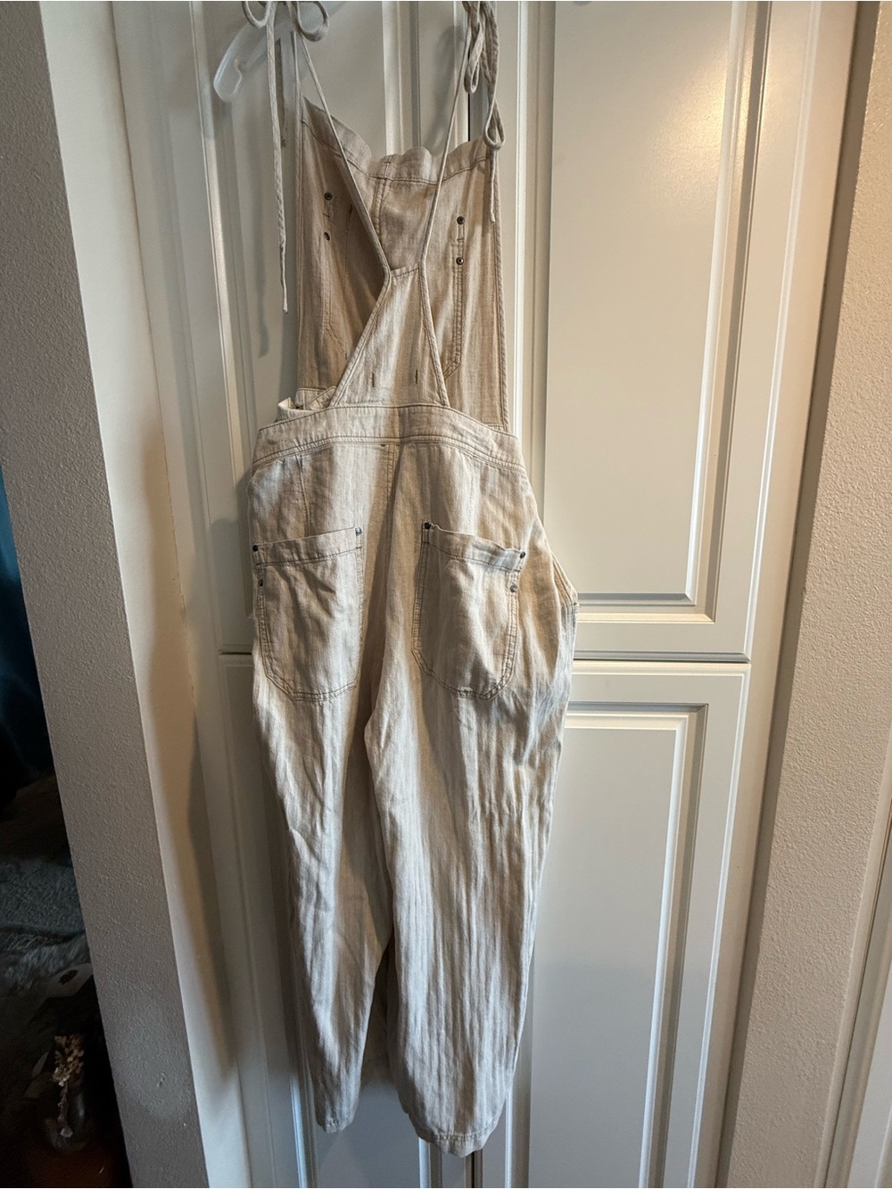 Free People Natural Linen-Cotton Blend Wide-Leg Tie-Shoulder Overalls - Picture 2 of 6